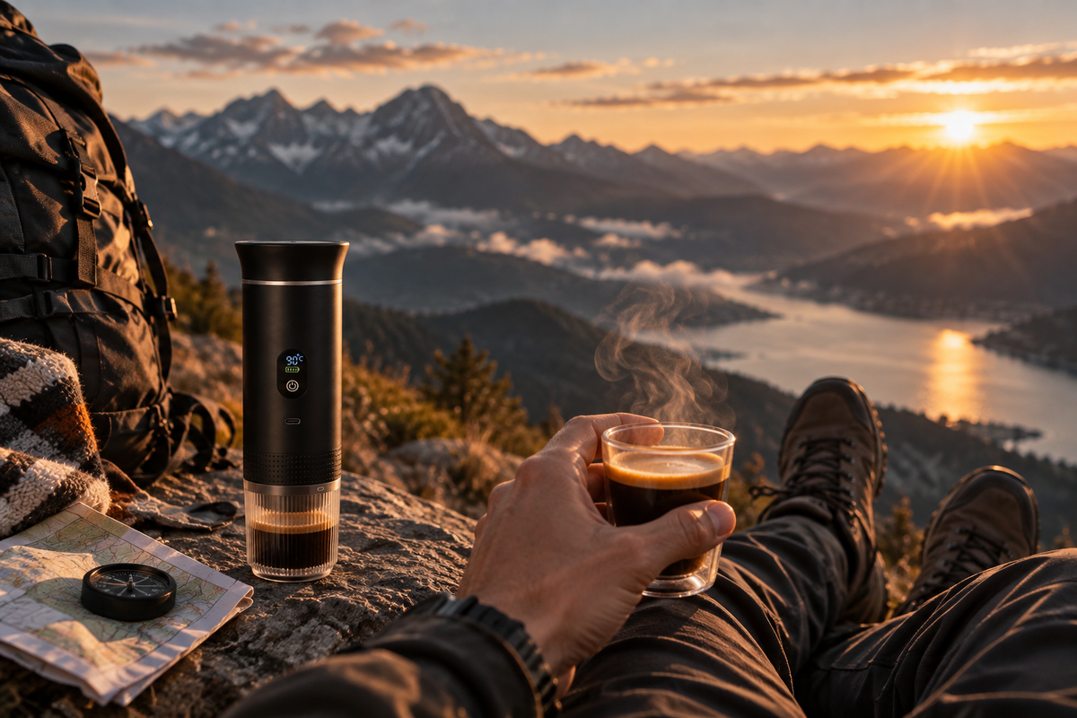 Machine à espresso portable CafeTime en extérieur, tasse d'espresso fumante au lever du soleil